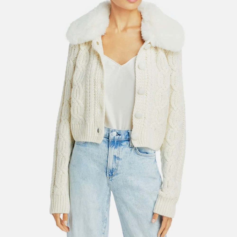 Aqua | Cable Knit Faux Fur Layering Cardigan Sweater Top | Medium
